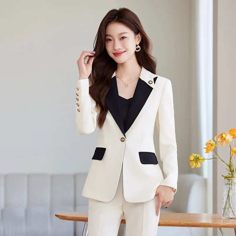 Ladies Blazer And Pant Suit Formal Black White Red Patchwork Women Jacket Trouser Female Business Work Wear 2 Piece Set