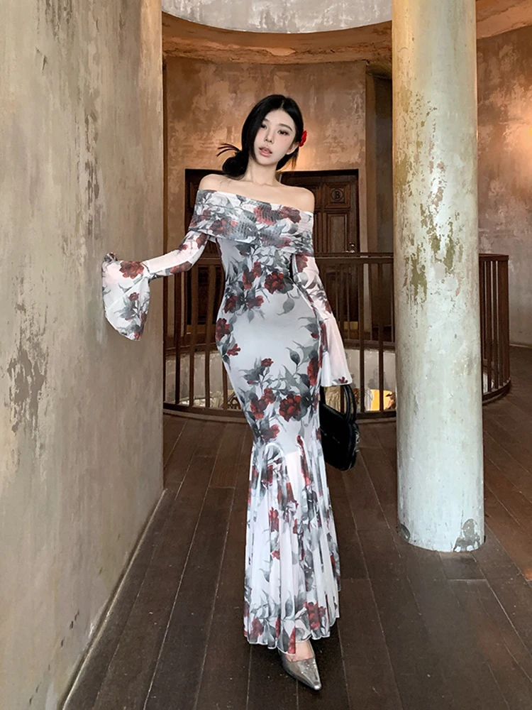 2024 Summer French Vintage Boho Print Midi Dress Women Casual Elegant One Shoulder Dress Korean Fashion Even Party Female Chic