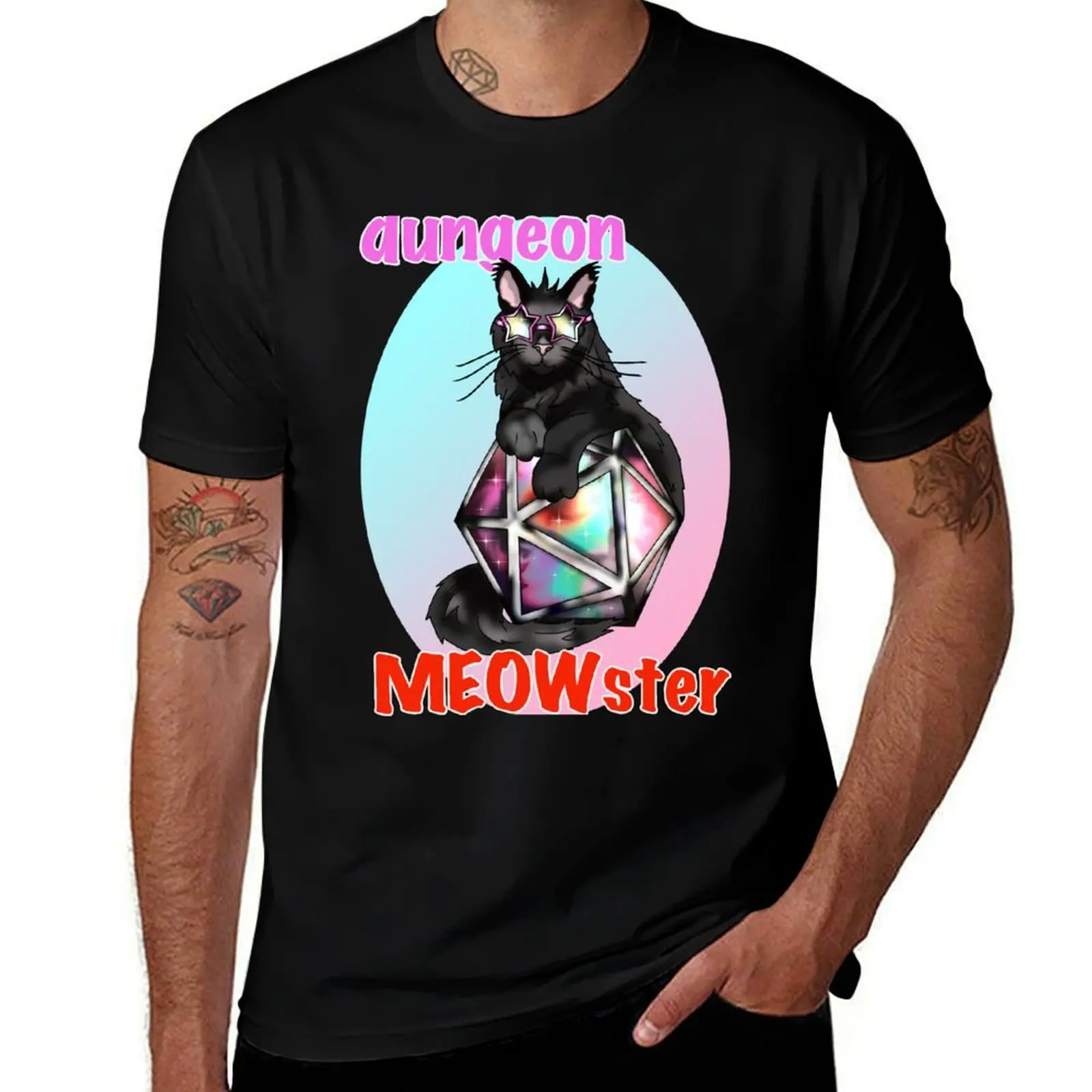 Black cool cat dungeon meowster with D20 dnd dice T-Shirt funny costumes quick drying fitted t shirts for men