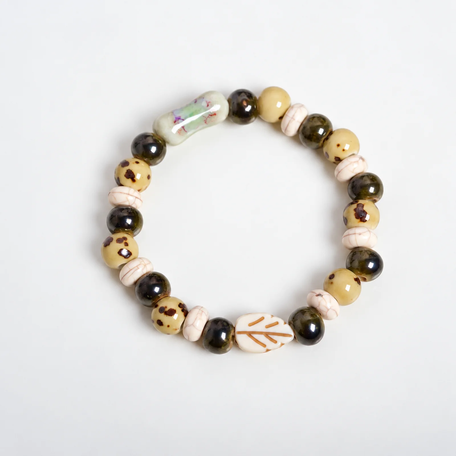 Handmade Ceramic Beaded Bracelet Frost Leaf Autumn Zen Acrylic Woven Stretch Cord Artisan Handcrafted Jewelry 609P3-04