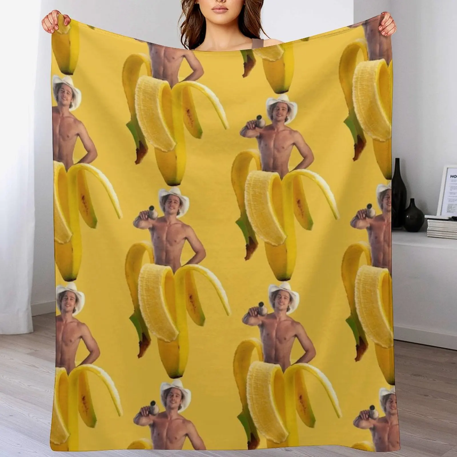 

Brad Pitt Wearing Cowboy Hat in a Banana Throw Blanket Luxury Designer Hairys Beach Loose Blankets
