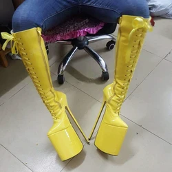 Yellow Patent Leather Platform Knee High Boots Cross Tied Thin High Heel Pole Dancing Women Shoes 2023 Sexy Zapatos Para Mujere