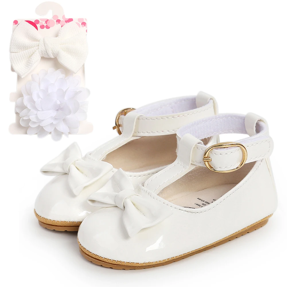 BabyInfant Girls Bowknot Princess Wedding Shoes Newborn Baby Sneaker Shoes with Headbands Mary Jane Flats Prewalker 0-18M