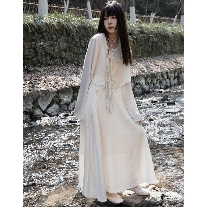 

Ele Chinese Sle Women's Long Sve irt with Belt Texture Pattern Drapey Skirt Two Piece Set V Ne Loose Fit Spring ...