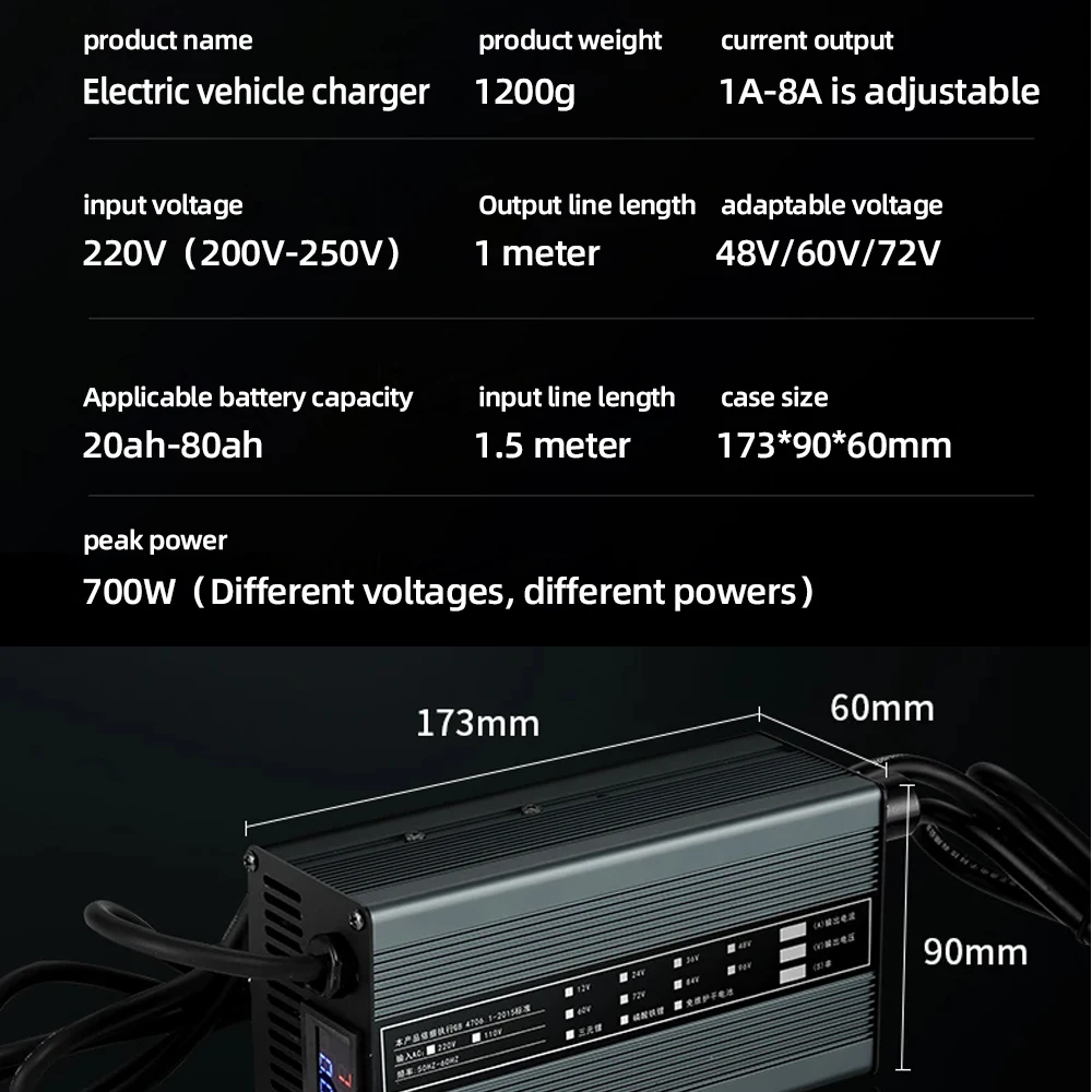 Lithium Battery Charger 8A Li-ion Lipo Lifepo4 72V 60V 48V 73V 67.2V 71.4V 58.8V 54.6V Fast Charge Battery Packs 13S 16S 20S