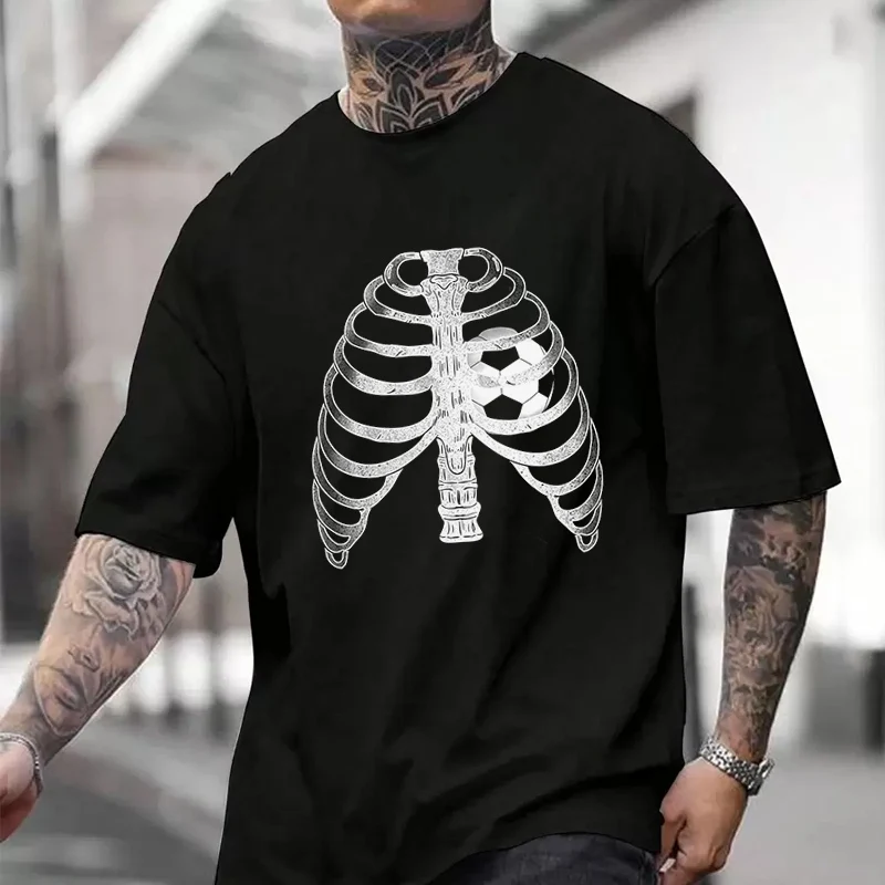 

Men's Women Summer 100% Cotton T-shirt Cool Skeleton Xray Ribcage Soccer Ball Loose Short Sleeved Casual TShirt Round Neck Tops