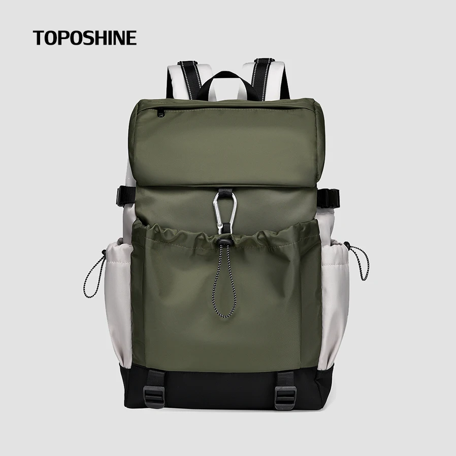 toposhine-green-white-contrast-drawstring-backpack-with-flap-top-water-resistant-nylon-travel-rucksack-multi-pocket-casual-bag