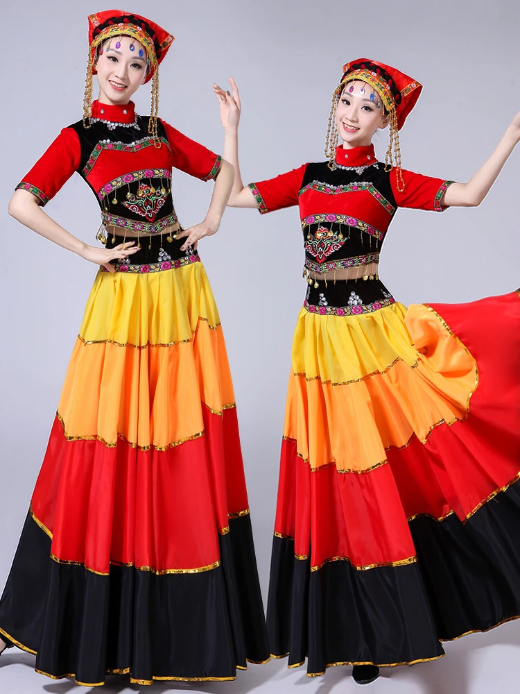 

Adult Women's National Costume Set Large Skirt Fire Torch Festival Dance Performance Clothes Hani Eth Traditional Dr