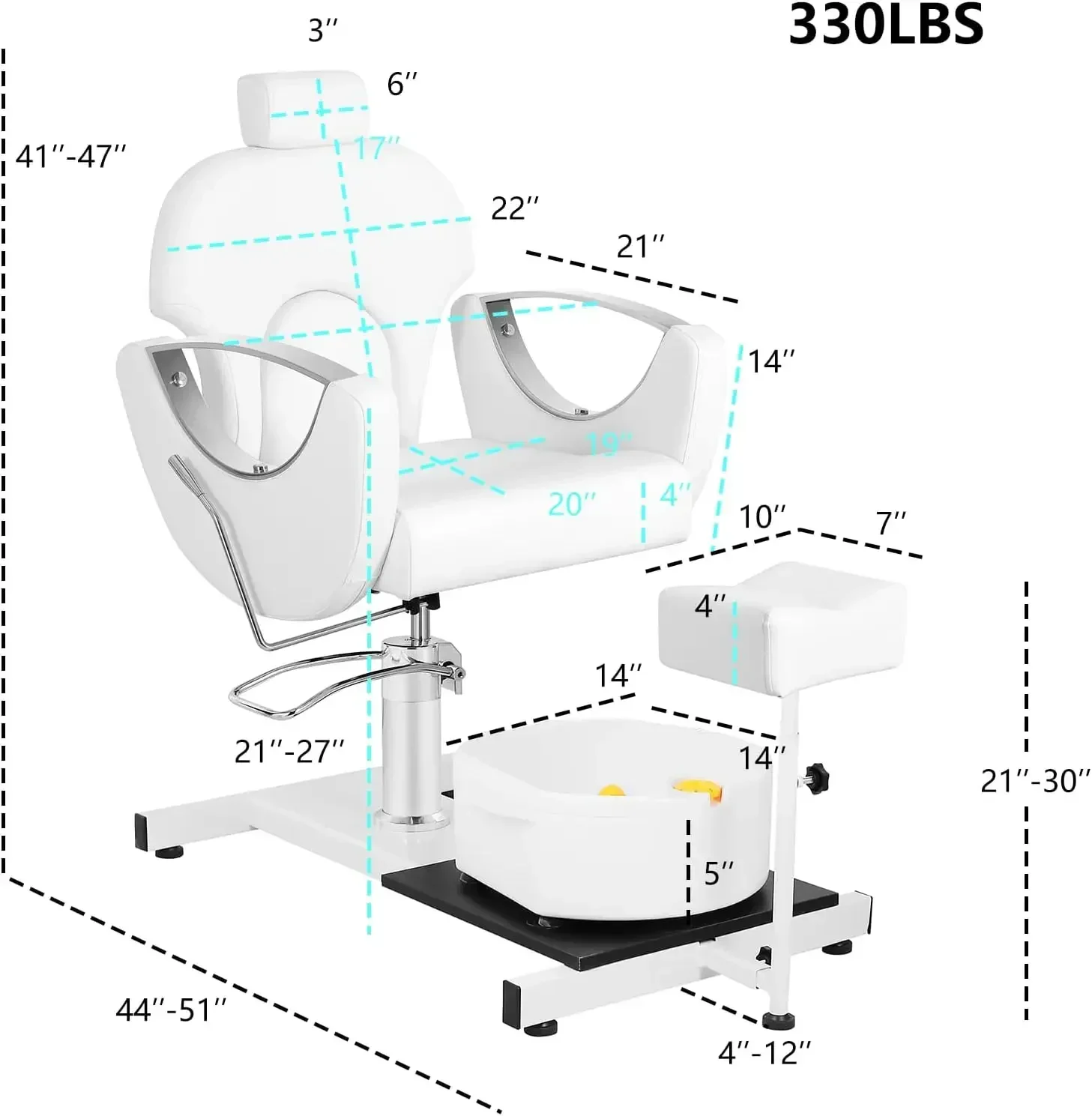 Chair with Stool, Reclining Pedicure Station with Foot Massage Basin 360° Swivel Pedicure Chair Hydraulic Adjustable Height for