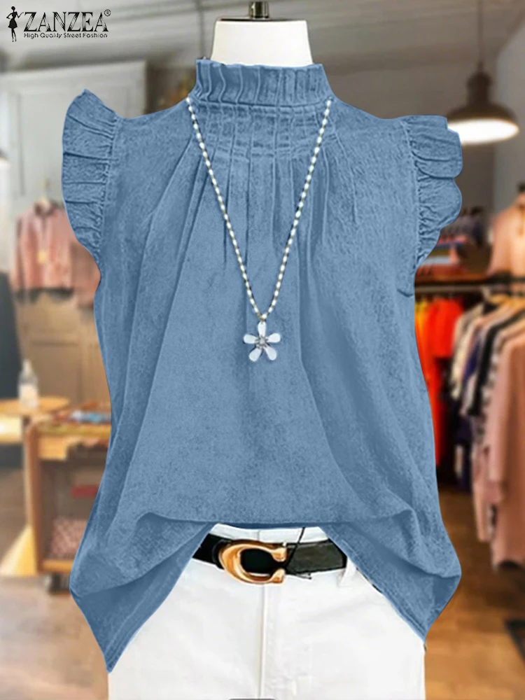 

ZANZEA Women Denim Blouse Summer Ruffled Sleeve Tops 2025 Oversized Casual Loose Turtleneck Pullover Fashion Solid Color Blusas