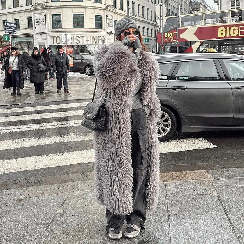 Oversized Mongolia Lamb Fur Maxi Coat Women in Winter 2024 Fashion Trend Deigner Brand New Light Gray Fluffy Festival Streetwear