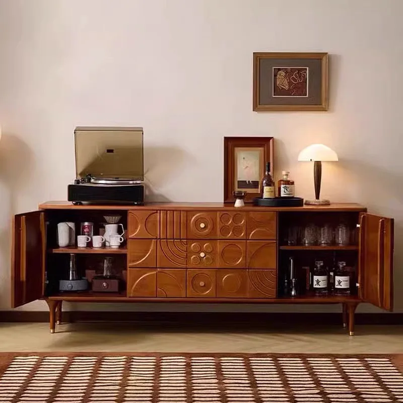 

Solid wood dining side medieval chest cabinet entrance wine cabinet drawer storage living room retro carved TV cabinet