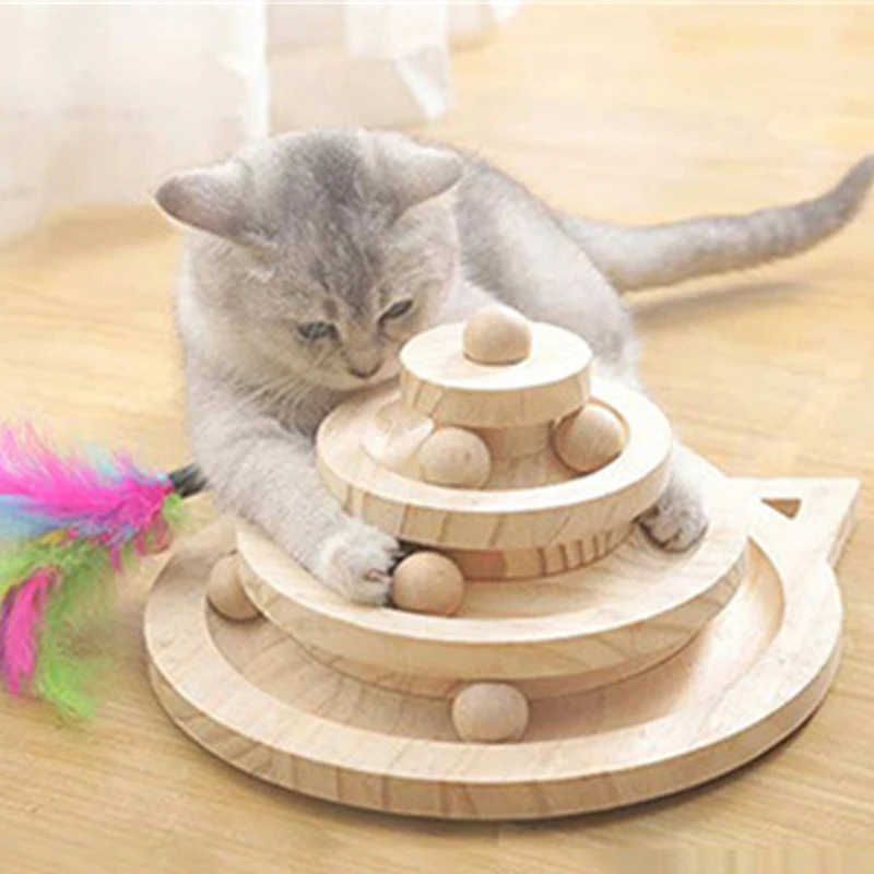 Wooden 2/3 Levels Pet Cat Toy Tower Tracks Disc Cat Intelligence Amusement Triple Play Disc Cat Toys Ball Training Toys