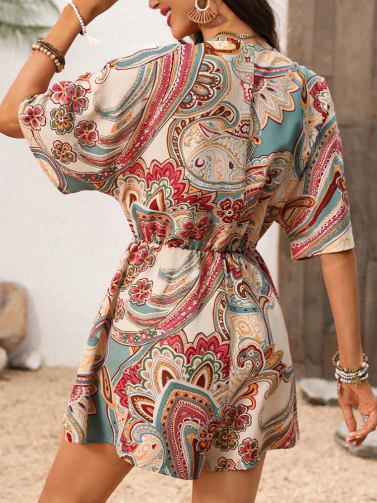 レディースボヘミアンホリデースタイル幾何学プリントVネックワイドレッグパンツ隠し肉ノンブローティングジャンプスーツ