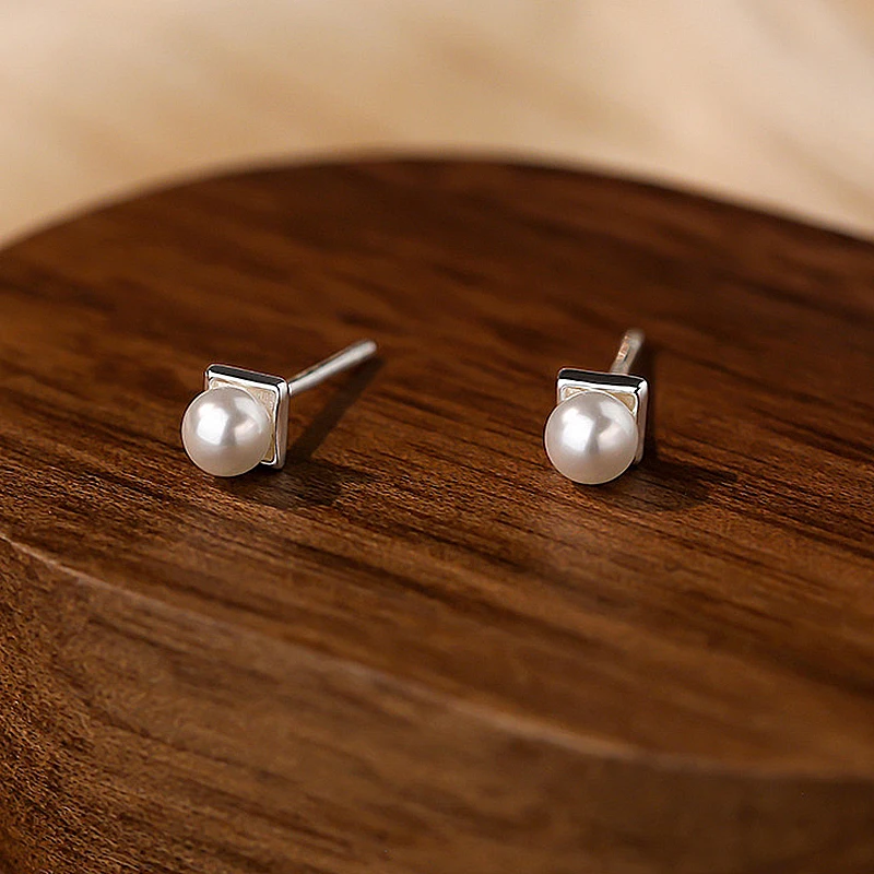 Women's 925 Sterling Silver Mini Pearl Stud Earrings, Cute Design
