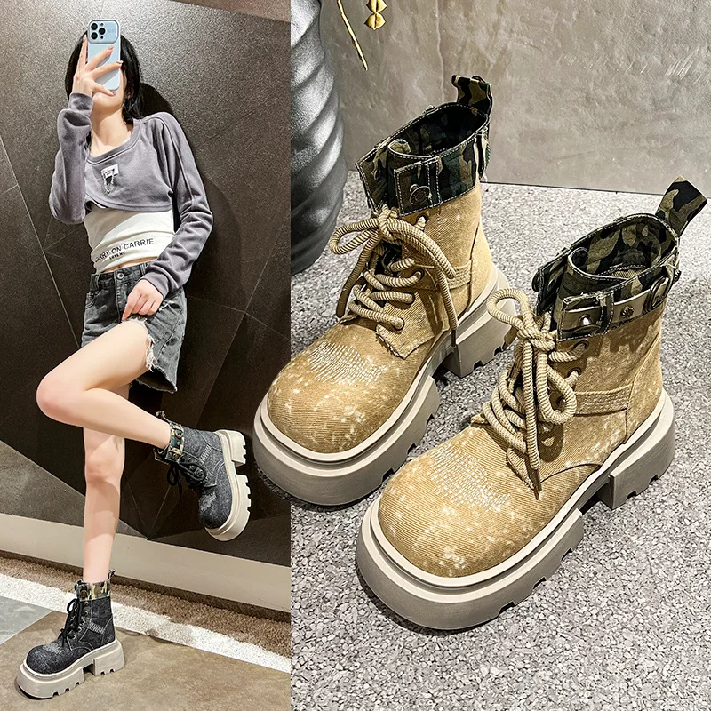 

Denim Canvas Fashion Boots for Women 2025 Summer Thick-Soled Versatile Fashion Short Boots British Style Chimney Boots