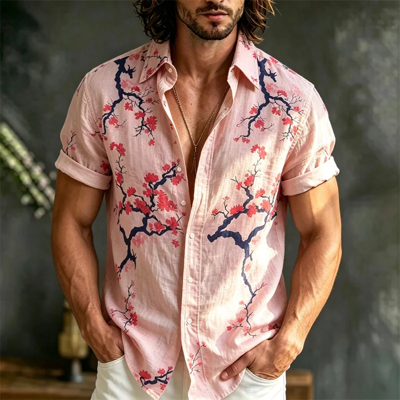 New light pink cherry blossom men's short sleeved shirt with Oriental style floral print collar casual shirt