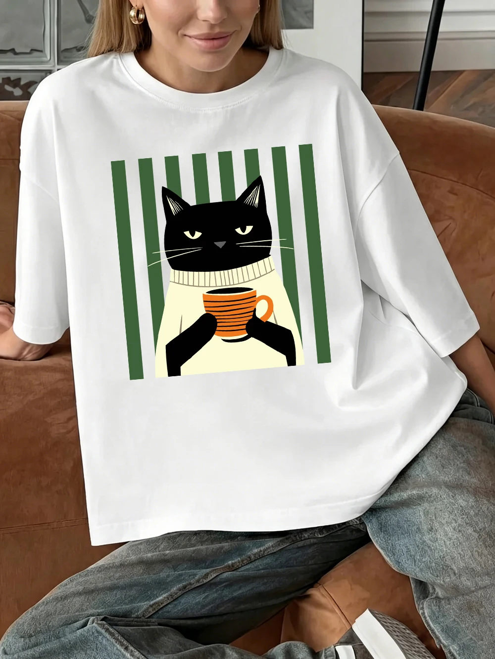 Schwarze Katze Kaffeetassen-Druck Baumwoll-T-Shirts Damen Sommer Oversized Tops Lässige Weiche Kurzarm-T-Shirts Basic O-Ausschnitt Kleidung – Detail 12
