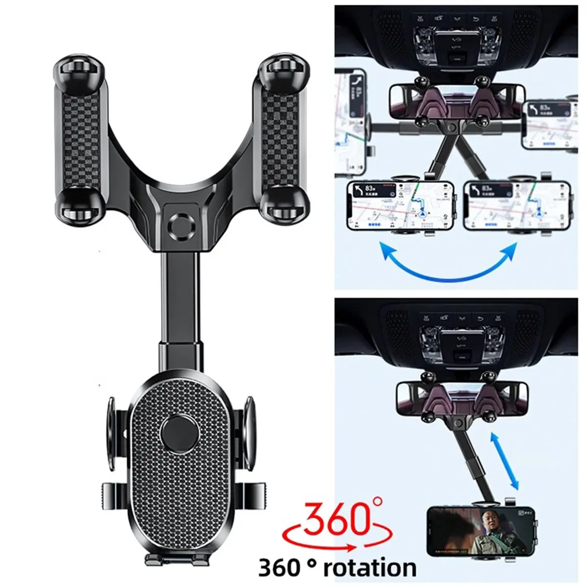 Car Rearview Mirror Phone Holder 360° Retractable Cell Phone Holder Clip Universal Adjustable Rotating Accessories, 1PC