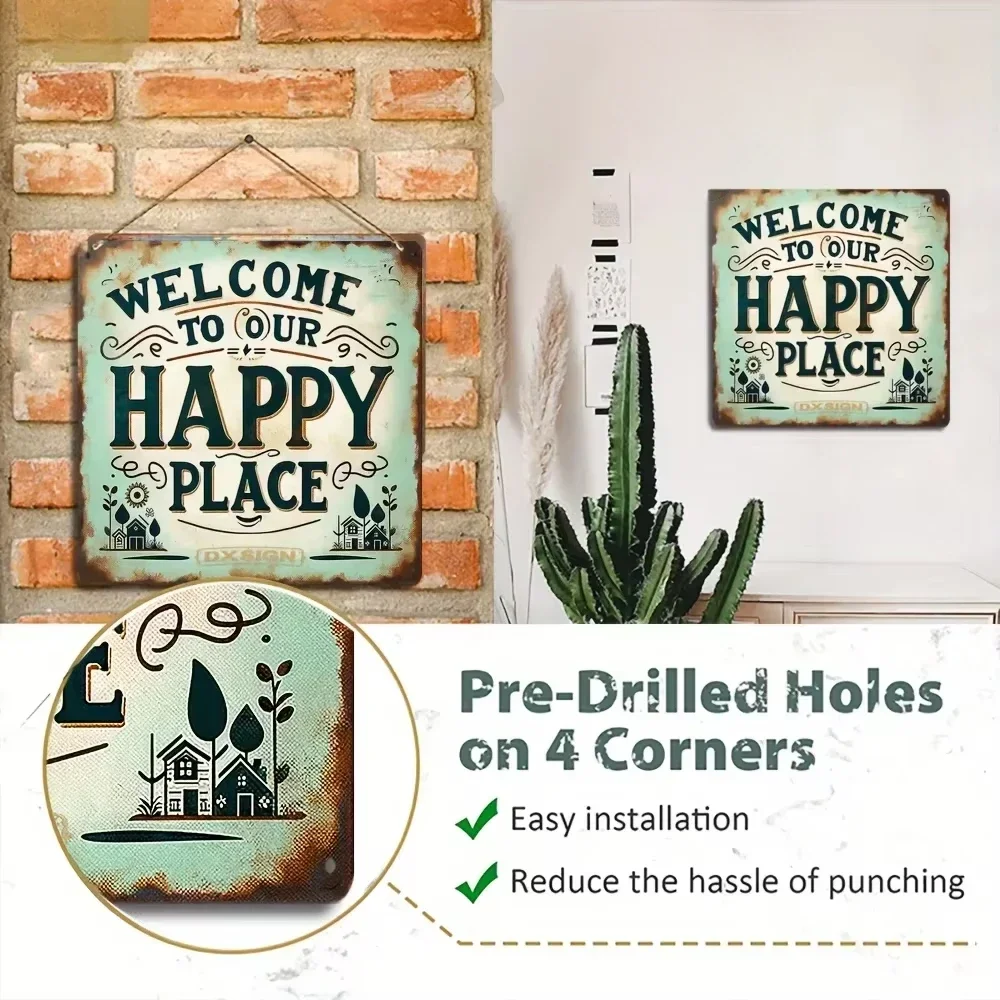 Vintage-Inspired 1pc Rustic Metal Tin Sign “Welcome to Our Happy Place” - 8x8 Inch, Wall Art for Family Home, Farmhouse Elegance