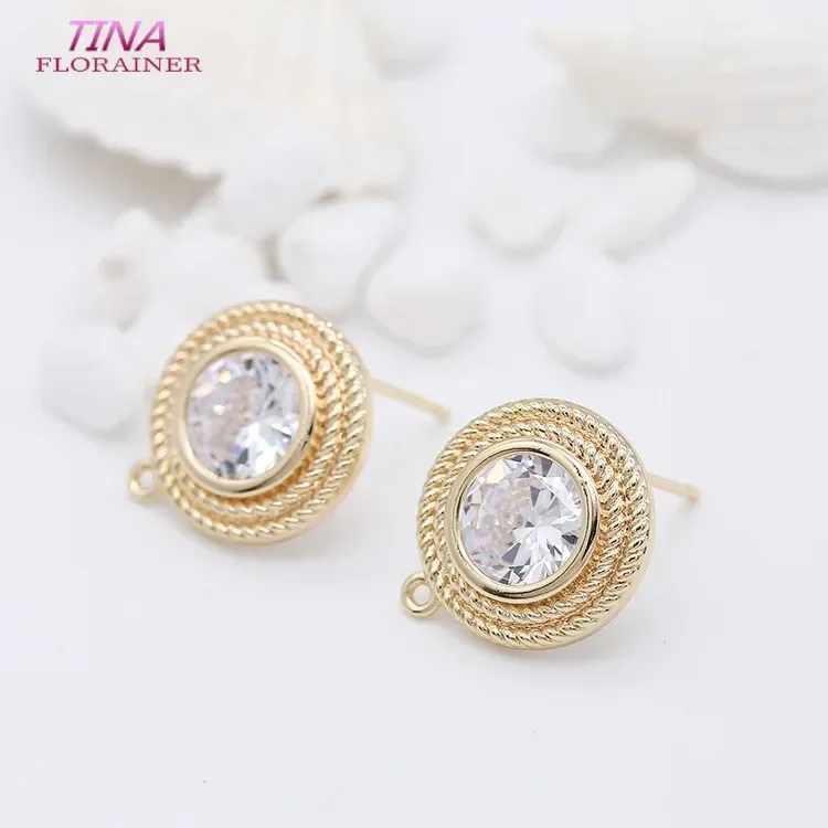 15*17MM 14K Gold Color Plated Brass and Zircon Round Stud Earrings Sterling Silver Pins Jewelry Making Accessories