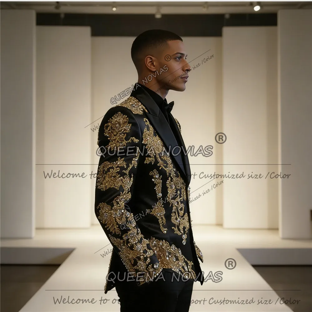 Grânulos requintados cristais noivo casamento smoking pico lapela baile de formatura blazers personalizado 2 peça conjunto terno traje banquete vestido masculino