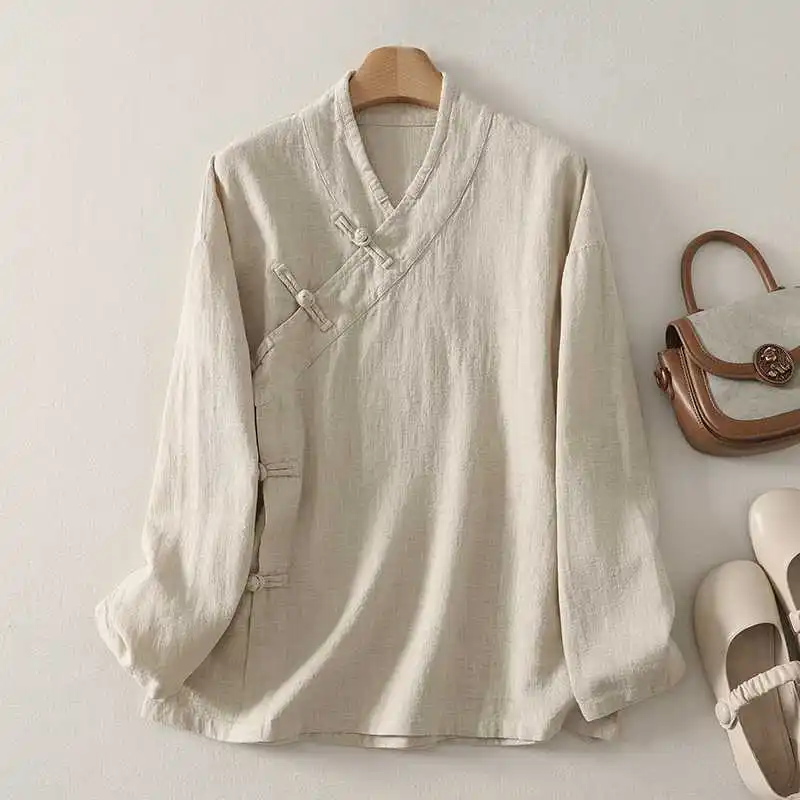 

Осень-весна, мягкая блузка в китайском стиле с диагональной пряжкой, одежда в стиле дзен, хлопково-льняная рубашка, женская свободная рубашка для чаепития, осенняя рубашка