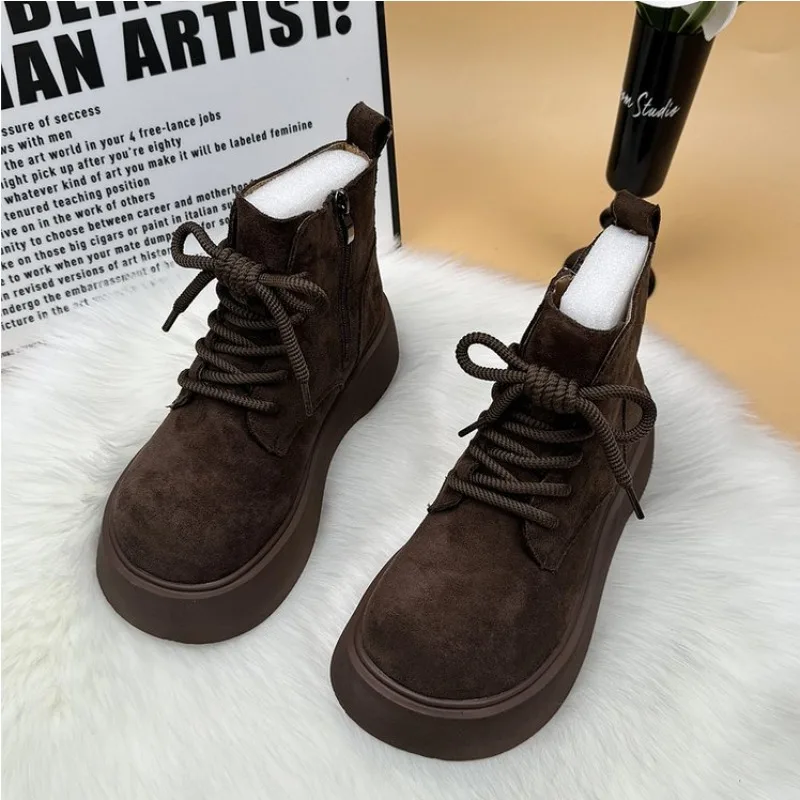 Ladies Warm Fuzzy Lined Ankle Boots Lace Up Side Zip Chunky Thick Sole Height Increasing Retro Women Winter Casual Boots