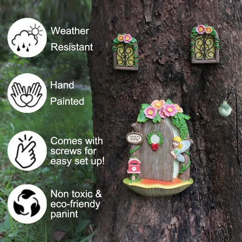 Fairy Door And Window Set Tree Outdoor Miniature Garden Window With Lantern Resin Glow In Dark Gnome House Doors For Fairy