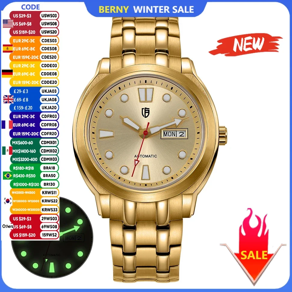 BERNY Men Automatic Mechanical Watch BERNY 8217 Luminous Gold Day Date Sapphire Stainless Steel Waterproof Wristwatch for Men
