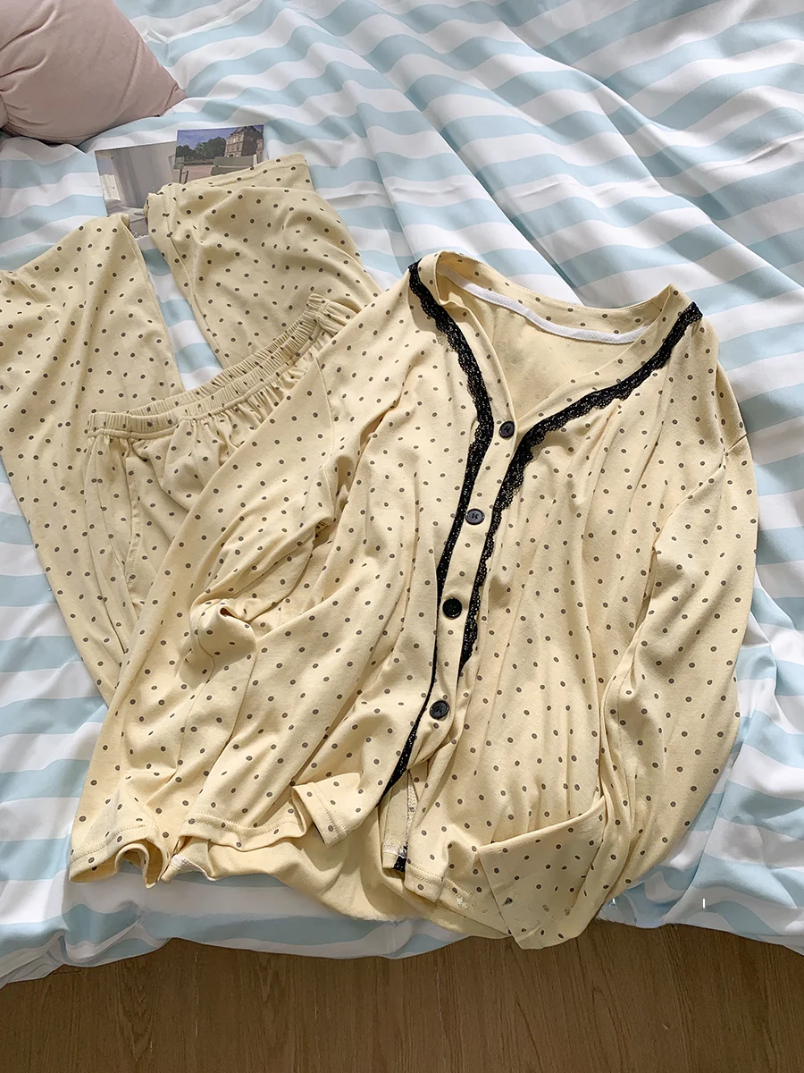 

Повседневный комплект для сна из лиоцелла цвета хаки в горошек: женская пижама с длинными рукавами и брюками, домашняя одежда, которую можно носить и на улице