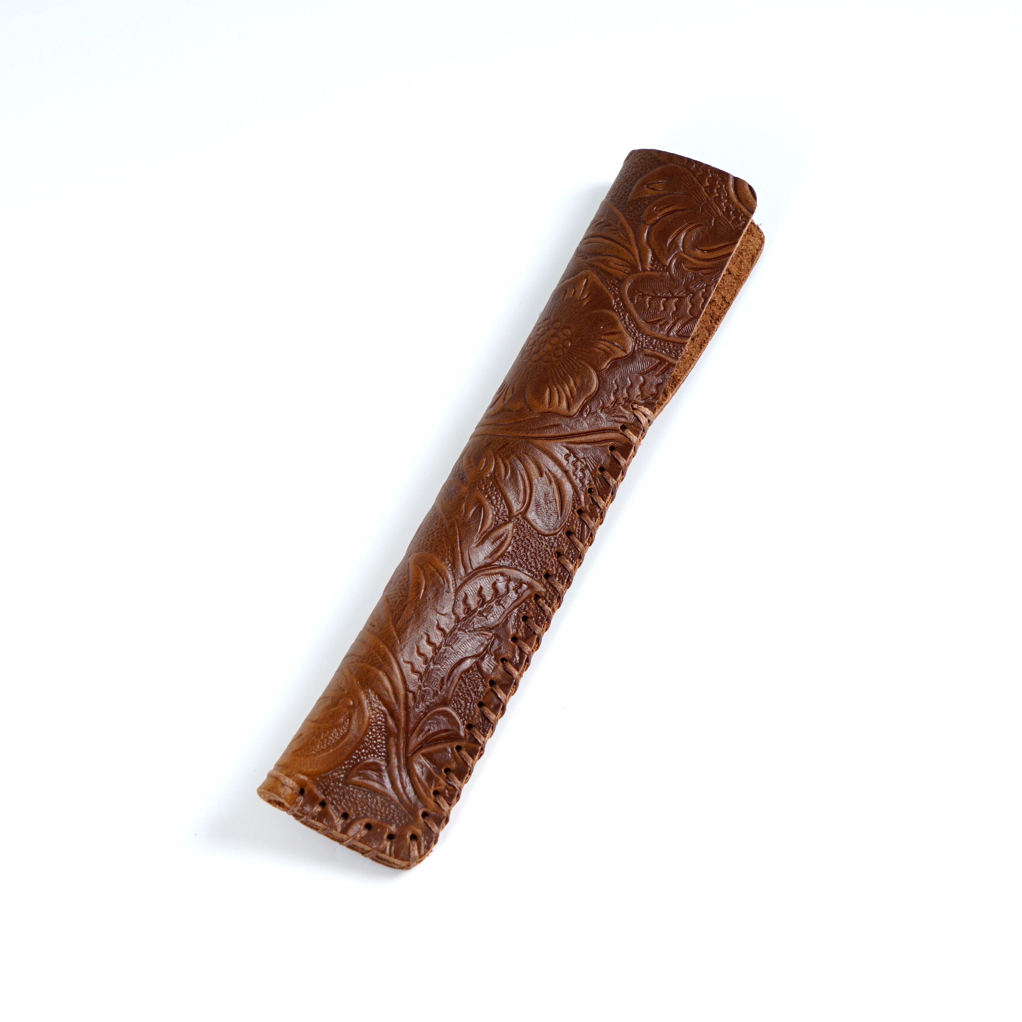 Genuine Leather Pencil Bag With Flower Embossed Leather Boy's and Girl's School Students Pen Holder Simple Retro Pencil Bag