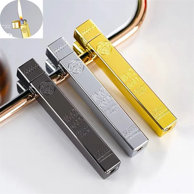 

Creative Slim Gold Bar Shape Lighter Personality Grinding Wheel Ignition Lighter Retro Portable Butane Gas Lighter Men's Gift