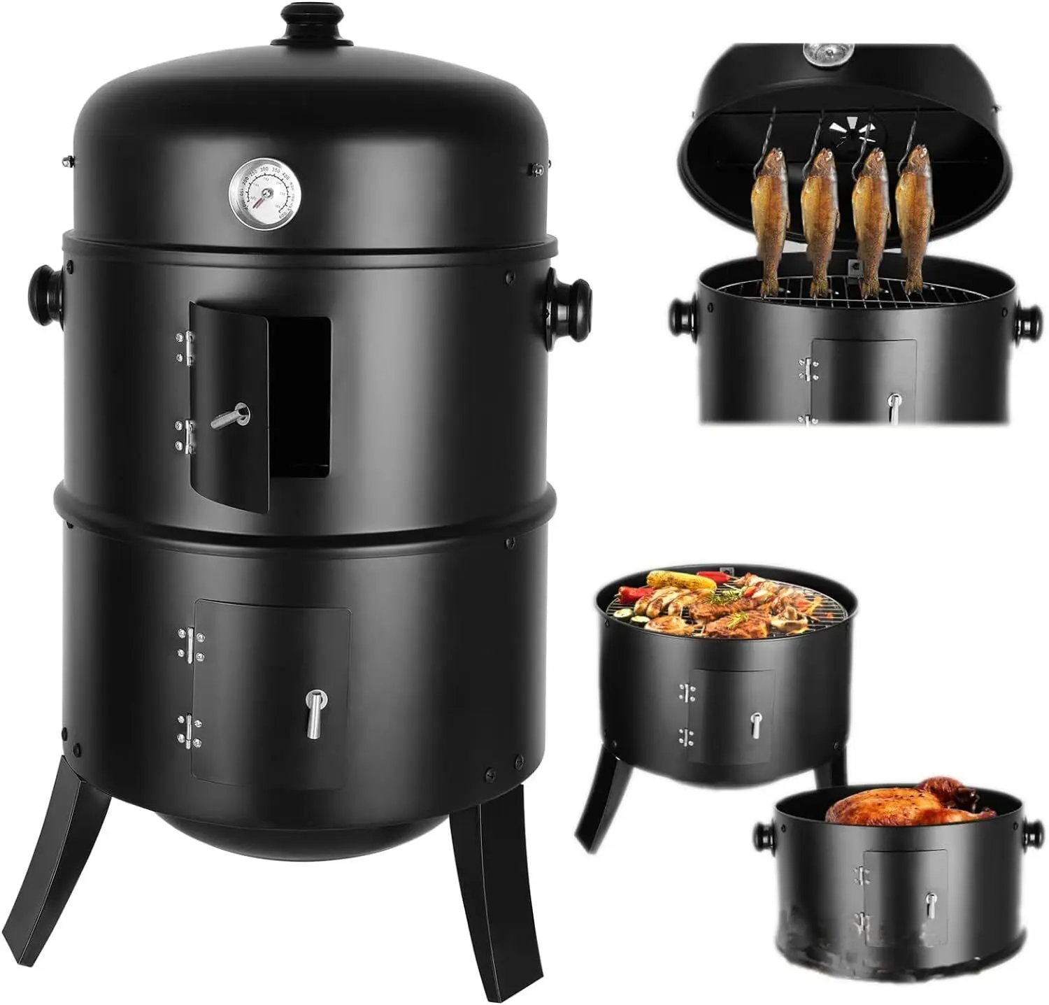 3in1 BBQ Charcoal Grill Barbecue Smoker Barrel Smoker Grill with Thermometer - 3 in 1 Smoker Barrel for Outdoor Cooking Parties