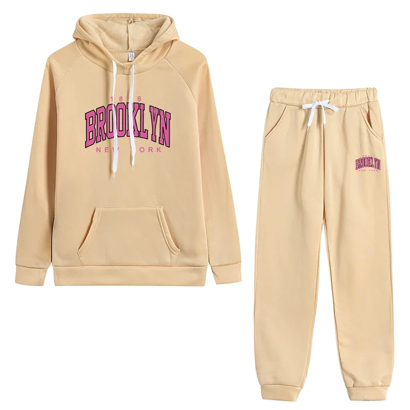 الوردي بروكلين أغطية رأس مطبوعة وسراويل رياضية نسائية للخريف والشتاء بدلة عدو رياضية غير رسمية للفتيات أزياء حضرية ملابس دافئة