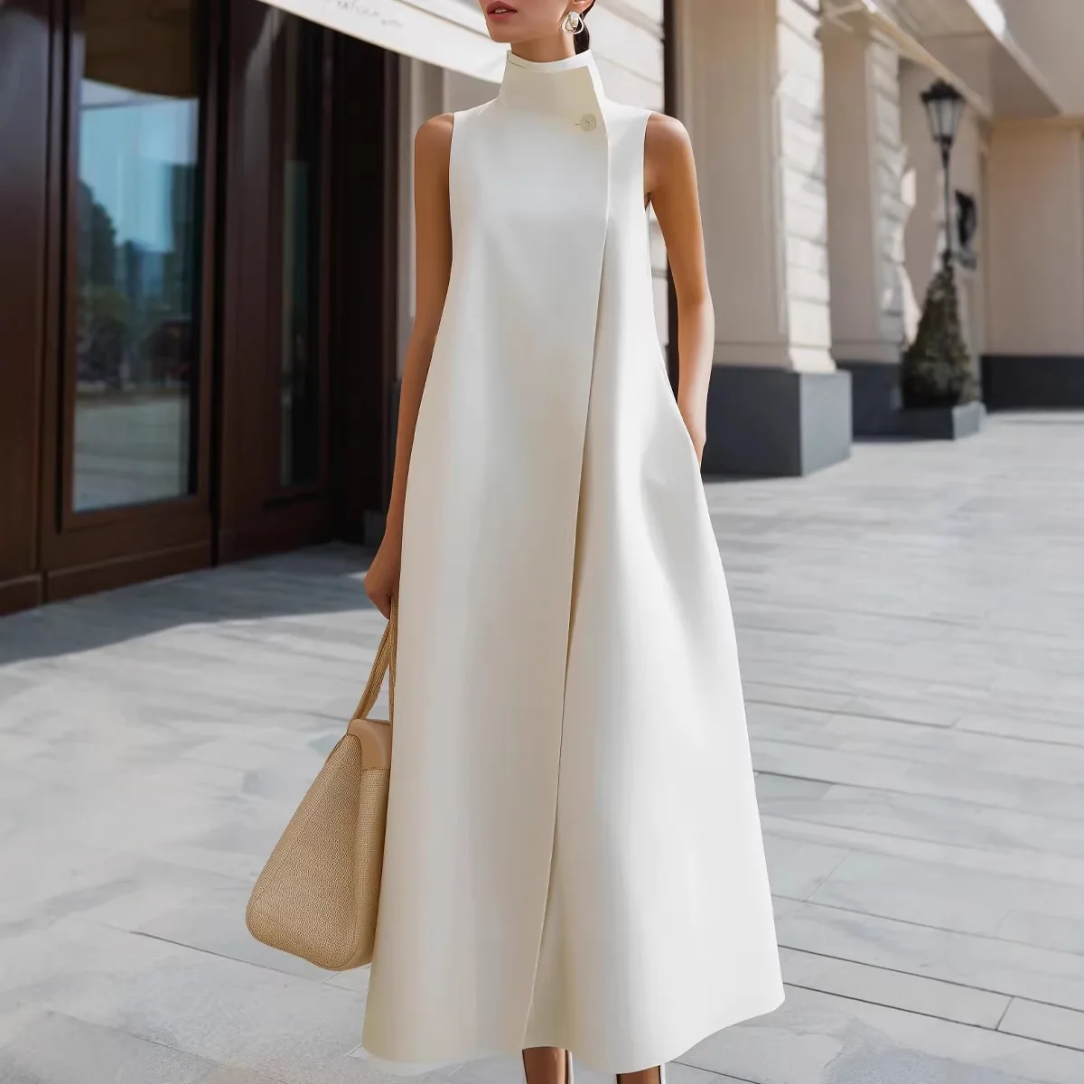Elegant Stand Collar One Button Sleeveless Long Dress Dresses for Women Spring Summer Office