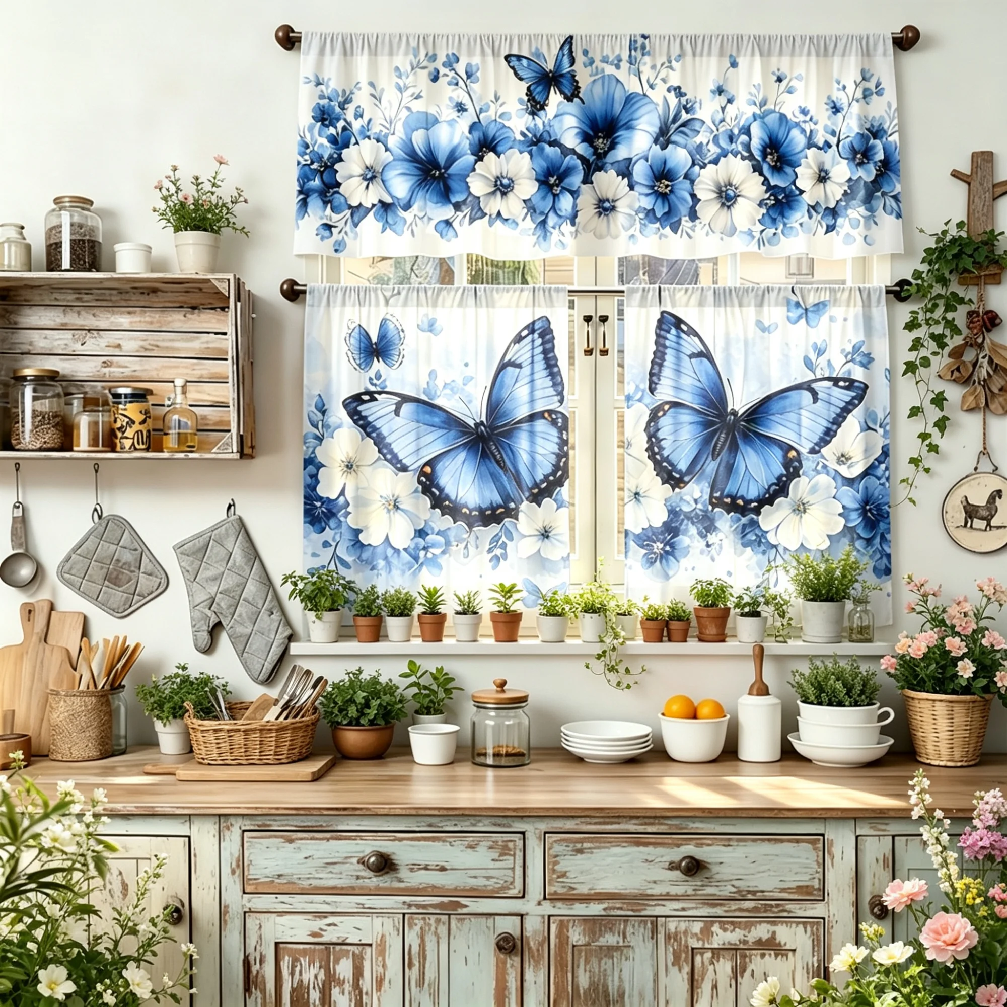 3pcs Set Spring Kitchen Decor High-Quality Curtains Floral Butterfly Theme Window Treatments for Kitchen