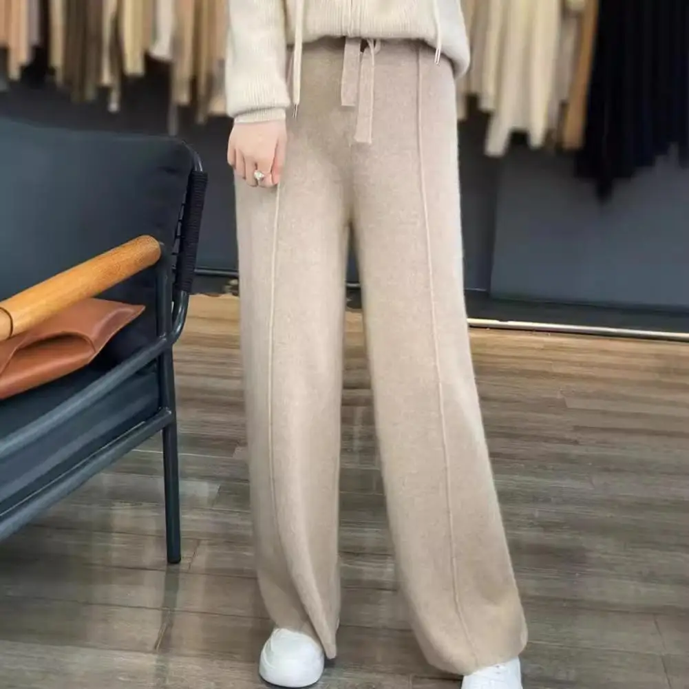 

Wool Casual Pants Solid Color Straight Wide Leg Knitting Trousers with Drawstring High Waist Thickened Slacks Woolen Trousers