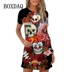 Funny Halloween Party Skull Pattern Print Dress For Women Gothic Style Casual Loose Mini Dress Summer 2023 New Harajuku Sundress