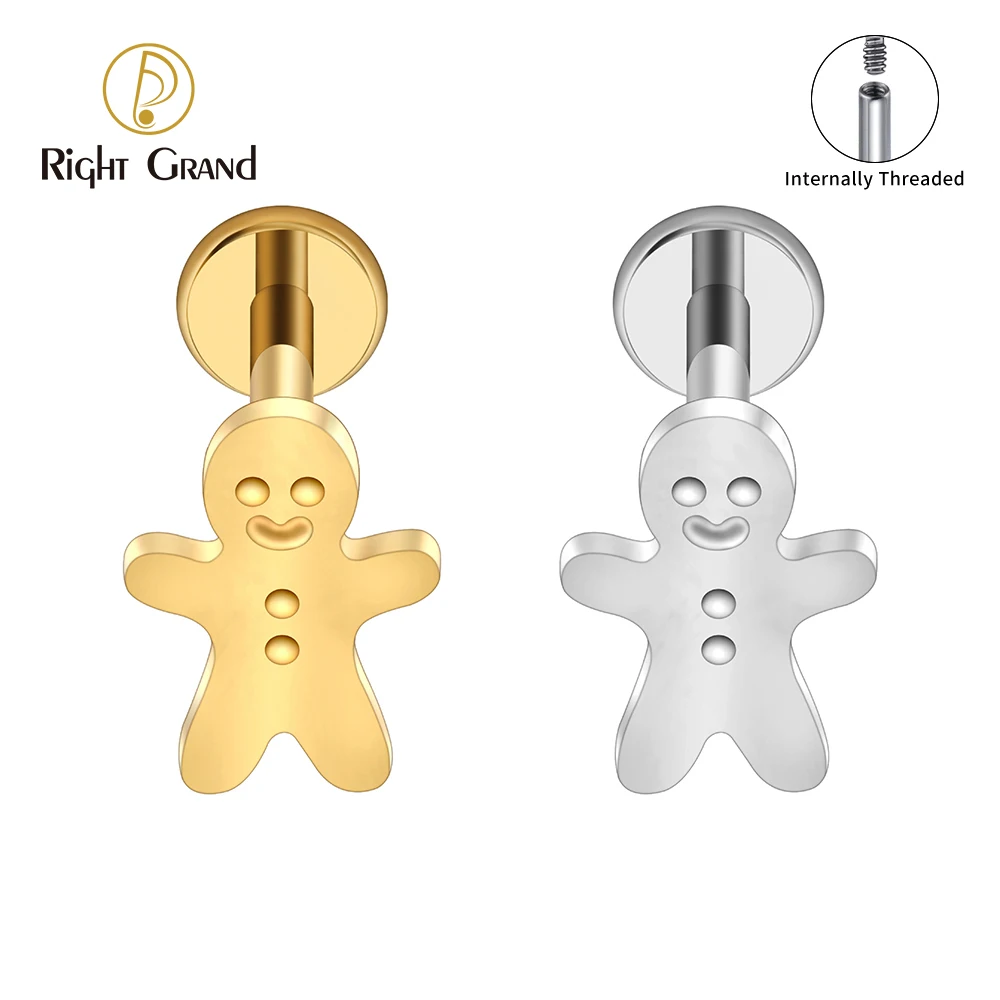 Right Grand ASTM F136 Titanium Cute Gingerbread Man Stud Earring 16G Snowman Cartilage Helix Tragus Flat Back Labret Stud Piercing Christmas Jewelry