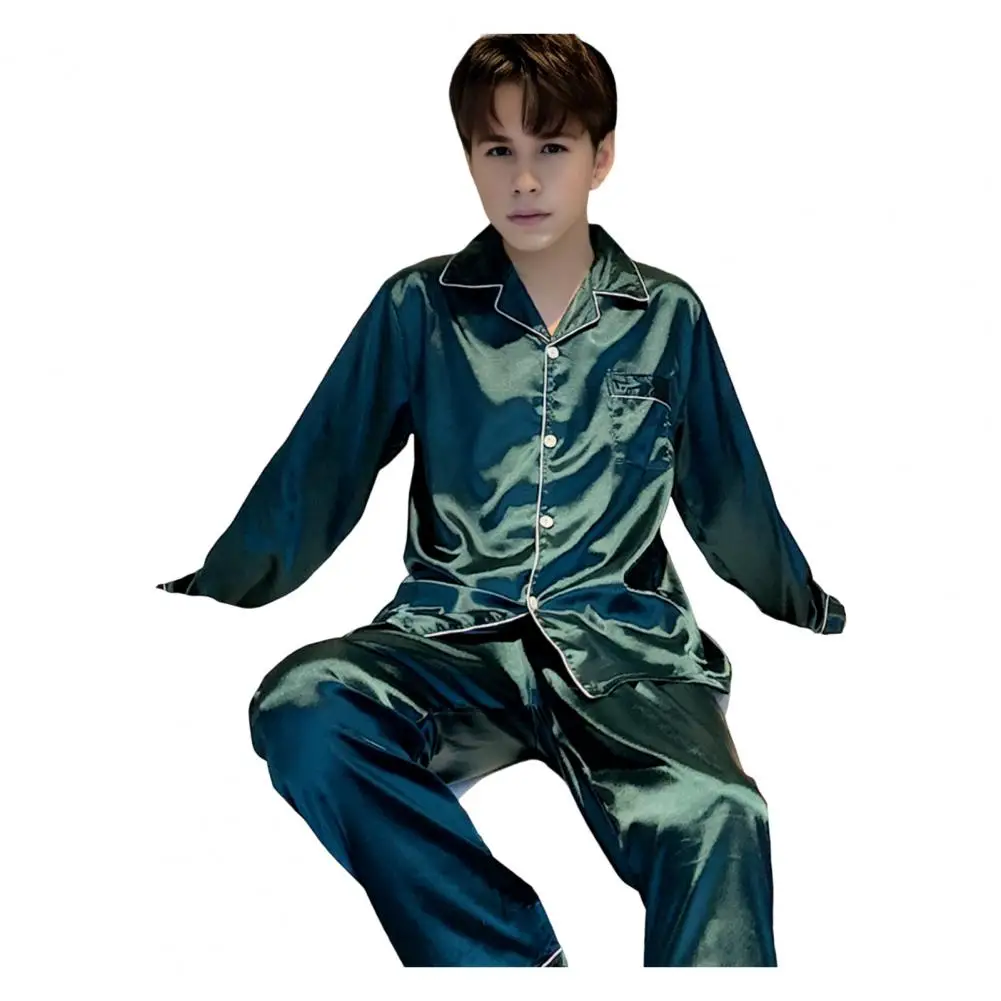 

Solid Color Loungewear Men's Summer Pajama Set with Long Sleeve Shirt Wide Leg Pants Solid Color Sleepwear with Elastic Waist