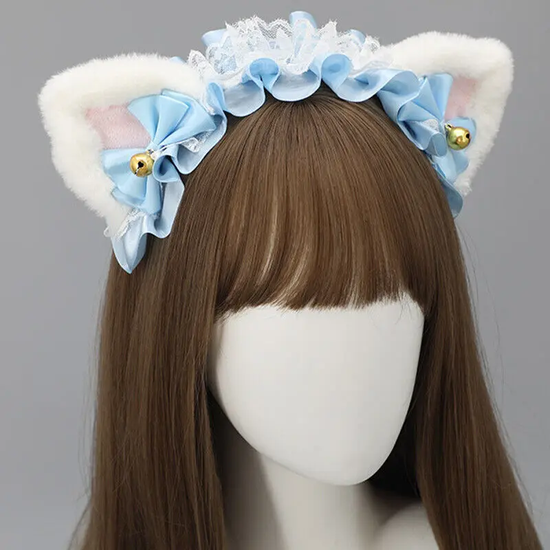 Cute Lolita Cat Ear Hairband with Plush Ruffles Kawaii Maid Headdress for Cosplay & Halloween Costume Accessories