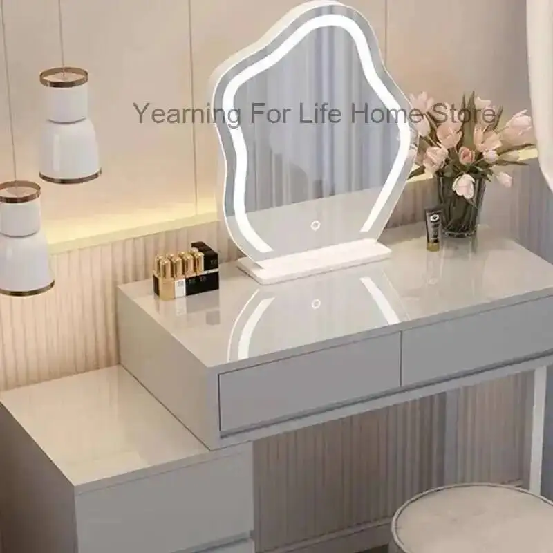 

Led Woman Lights Dressing Table Mirror Fashion Modern Classic Makeup Table Drawer Chair Comfortable Coiffeuse Bedroom Furniture