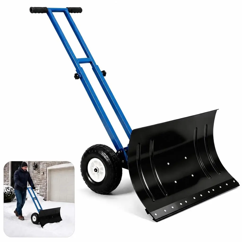 Steel Snow Pusher with Wheels Double Handle Metal Snow Shovel 42 cm Carbon Steel Blade Height Adjustable for Driveway Patio