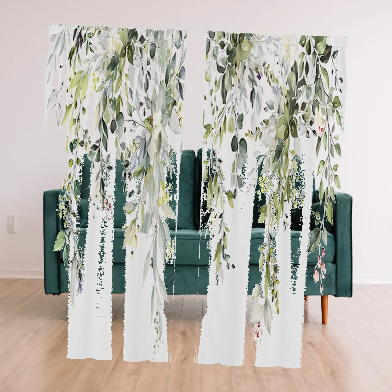 2Pcs Green Leaves Window Curtains Decoration Resistance Unique Smooth Rustic for Bedroom Hotel Office