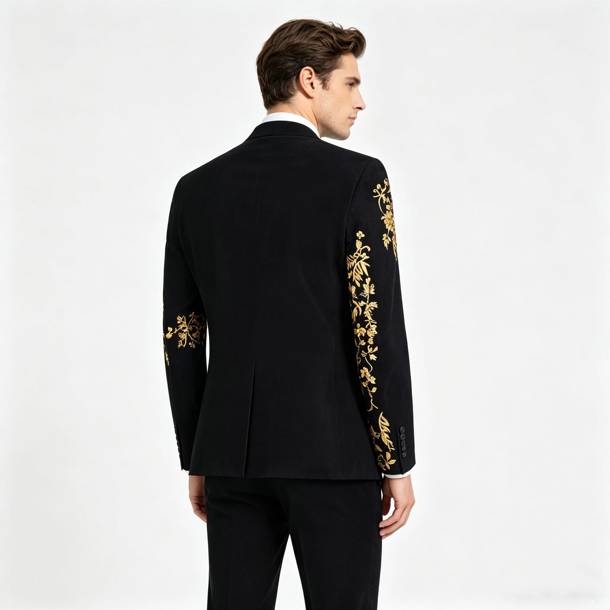 Men's Black Velvet Blazer with Gold Floral Embroidery, Slim Fit Suit Jacket for Wedding, Party, Banquet, Prom