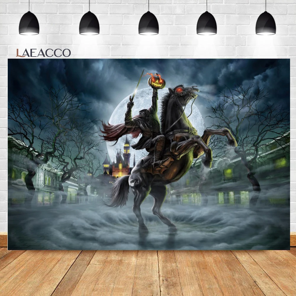 

Laeacco Halloween Photo Background Scary Night Full Moon Headless Rider Kids Birthday Portrait Customized Photography Backdrop