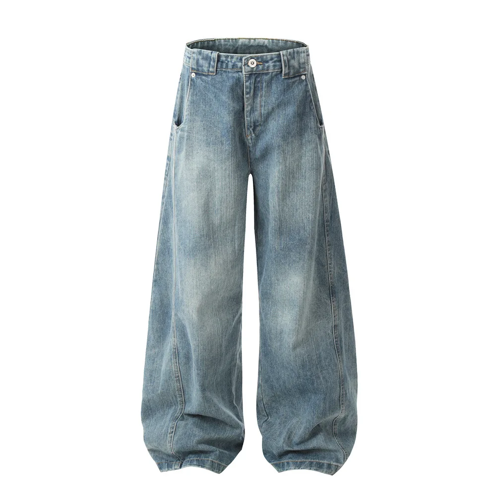 Full Length Jean Distressed Men Jeans Solid Wide Leg Jeans Plaid Washed Denim Ankle Length Loose Spliced Zipper Fly Casual