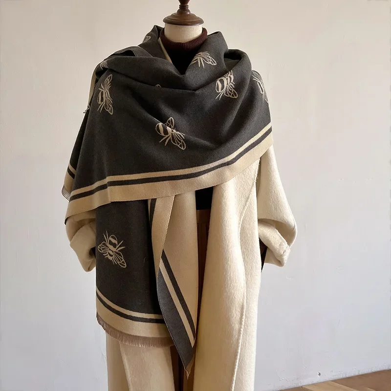 Warm Bee Cashmere Scarf Women Thick Simple Shawl and Wraps Ladies Blanket Winter Pashmina Luxury Designer Casual Black Scarf