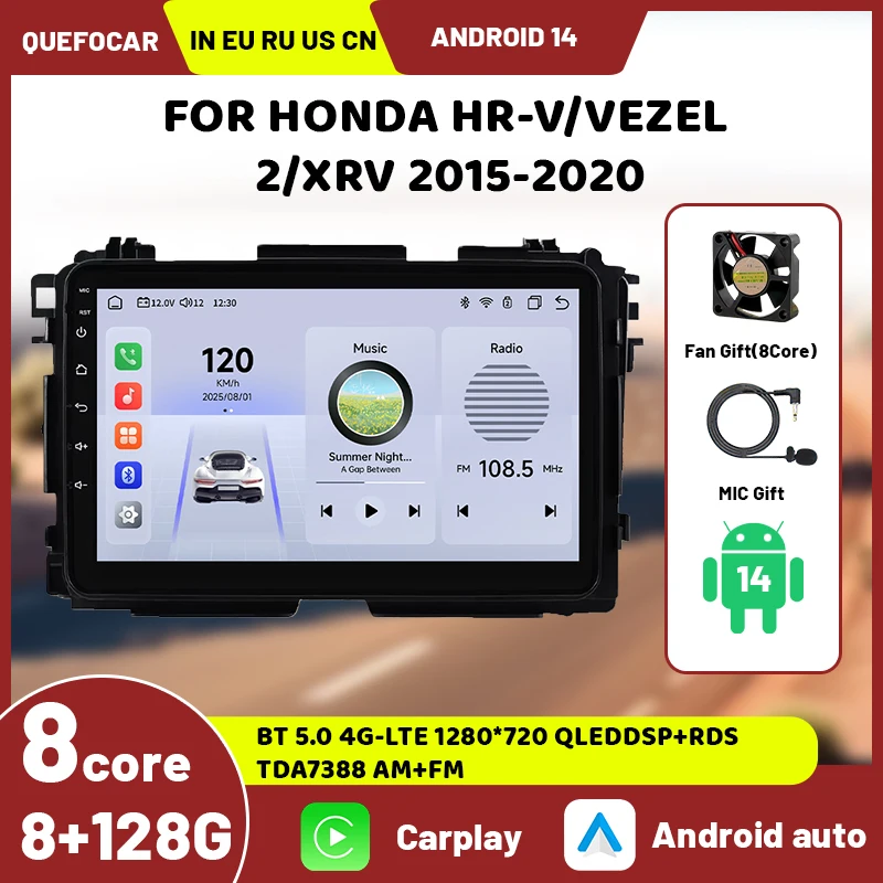 

Multimedia video GPS player for Honda HR-V/Vezel 2/XRV 2015-2020 Android 14 Carplay Auto DSP QLED LTE 9-inch radio stereo